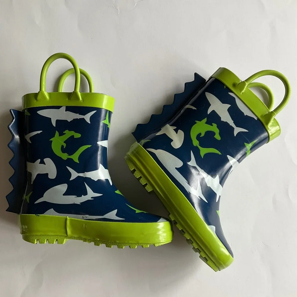 Kids Shark Print Rubber Rain Boots Blue Green 3D Fin‎ Size 6 Waterproof Unisex